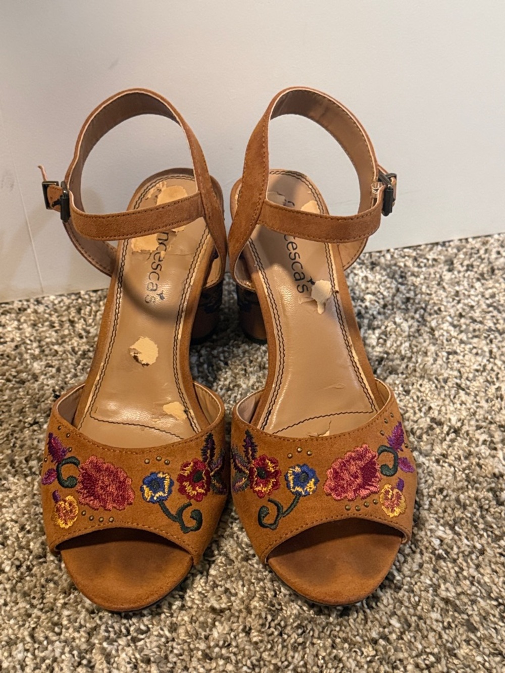 Francesca's Collections Tan Suede Embroidered Block Heel Sandals
